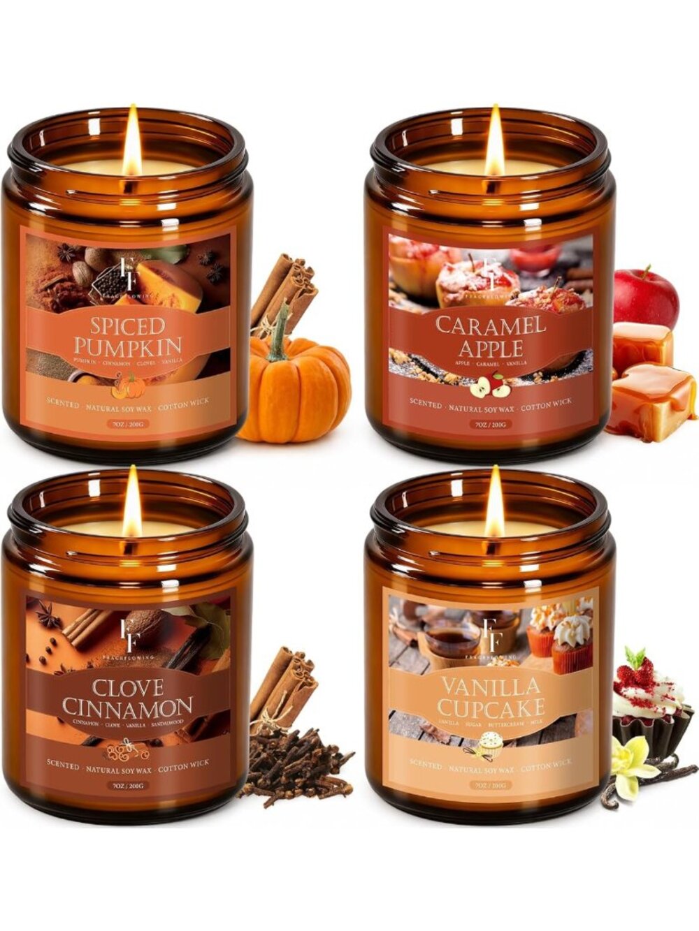 Autumn Scented Candle Set, 4 Natural Soy Wax Candles - Pumpkin, Cinnamon